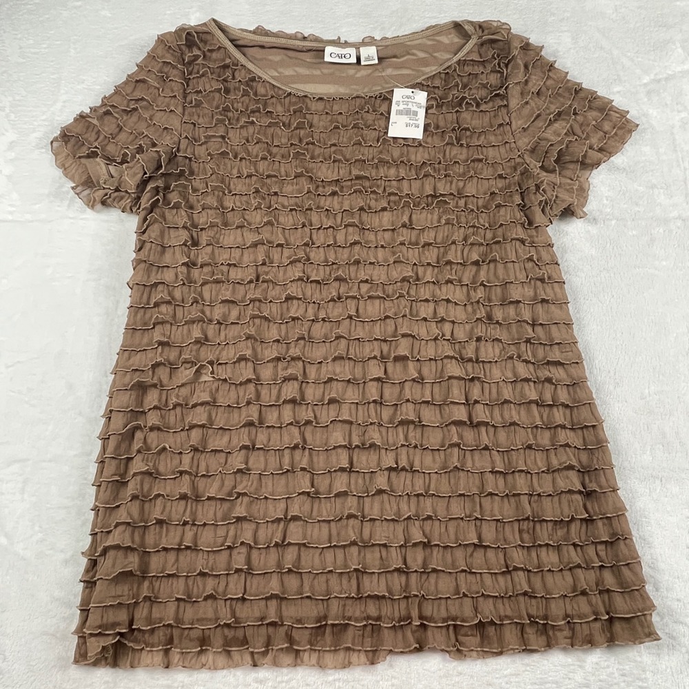 Cato Womens Brown‎ Tiered Ruffle Short Sleeve Scoop Neck Blouse Top Size L NEW